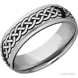 7 mm wide/Domed Stepped Down Edges/Cobalt Chrome band with a laser carved Celtic 9 pattern.