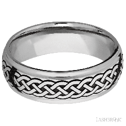 7 mm wide/Domed Stepped Down Edges/Cobalt Chrome band with a laser carved Celtic 9 pattern.