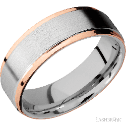 7 mm wide/Flat Grooved Edges/Cobalt Chrome band with two 1 mm Edge inlays of 14K Rose Gold.