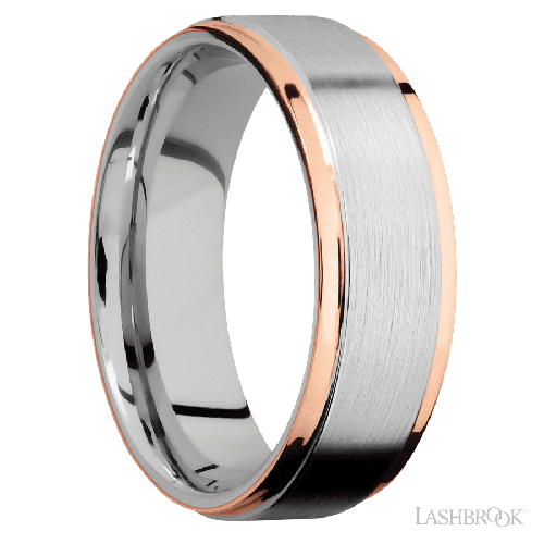 7 mm wide/Flat Grooved Edges/Cobalt Chrome band with two 1 mm Edge inlays of 14K Rose Gold.