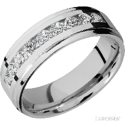 7 mm wide/Flat Grooved Edges/Cobalt Chrome band with an  arrangement of 9, .1 carat Round Diamond stones in a Channel setting.