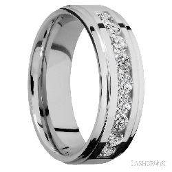 7 mm wide/Flat Grooved Edges/Cobalt Chrome band with an  arrangement of 9, .1 carat Round Diamond stones in a Channel setting.