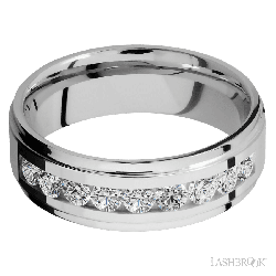 7 mm wide/Flat Grooved Edges/Cobalt Chrome band with an  arrangement of 9, .1 carat Round Diamond stones in a Channel setting.