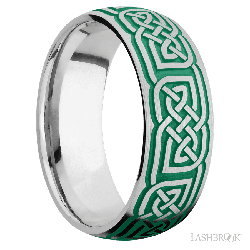 8 mm wide/Domed/Cobalt Chrome band with a laser carved Celtic 17 pattern.