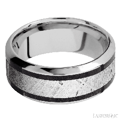 9 mm wide/High Bevel/Cobalt Chrome band featuring inlays of Dinosaur Bone Black and Meteorite.