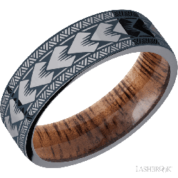7 mm wide/Flat/Tantalum band with a laser carved Maori pattern also featuring a Koa sleeve.