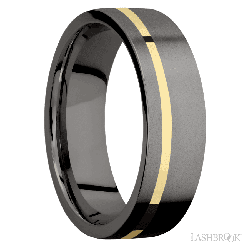 7 mm wide/Flat/Tantalum Noir band with one 1 mm Off Center inlay of 14K Yellow Gold.