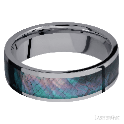 7 mm wide/Flat/Tantalum band with one 5 mm Centered inlay of Black Mother of Pearl.
