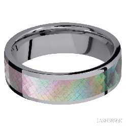 7 mm wide/Flat/Tantalum band with one 5 mm Centered inlay of Black Mother of Pearl.
