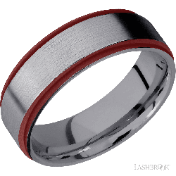 7 mm wide/Flat Grooved Edges/Tantalum band with two 1 mm Edge inlays of Crimson.