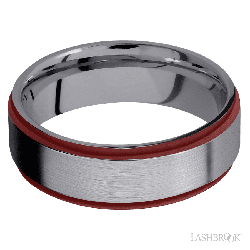 7 mm wide/Flat Grooved Edges/Tantalum band with two 1 mm Edge inlays of Crimson.
