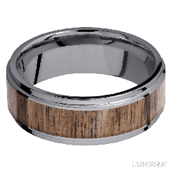 8 mm wide/Flat Grooved Edges/Tantalum band with one 5 mm Centered inlay of Walnut.