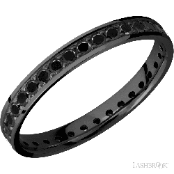 3 mm wide/Flat/Zirconium band with an Eternity arrangement of .03 carat Round Black Diamond stones in a Bead setting.