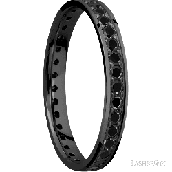 3 mm wide/Flat/Zirconium band with an Eternity arrangement of .03 carat Round Black Diamond stones in a Bead setting.