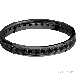 3 mm wide/Flat/Zirconium band with an Eternity arrangement of .03 carat Round Black Diamond stones in a Bead setting.