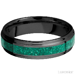 6 mm wide/Flat Grooved Edges/Zirconium band with one 3 mm Centered inlay of Malachite.