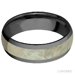 7 mm wide/Domed/Zirconium band with one 4 mm Centered inlay of Freshwater Mother of Pearl.