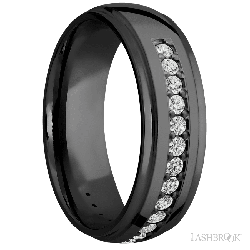 7 mm wide/Domed Stepped Down Edges/Zirconium band with a Half Eternity arrangement of .03 carat Round Diamond stones in a Bead setting.