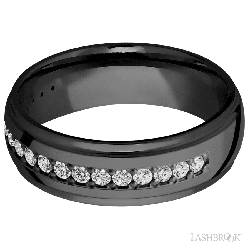 7 mm wide/Domed Stepped Down Edges/Zirconium band with a Half Eternity arrangement of .03 carat Round Diamond stones in a Bead setting.