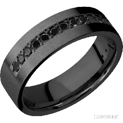 7 mm wide/Flat/Zirconium band with a Half Eternity arrangement of .03 carat Round Black Diamond stones in a Bead setting.
