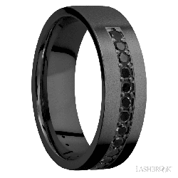 7 mm wide/Flat/Zirconium band with a Half Eternity arrangement of .03 carat Round Black Diamond stones in a Bead setting.