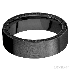 7 mm wide/Flat/Zirconium band with a Side Eternity arrangement of .01 carat Round Black Diamond stones in a Bead setting.