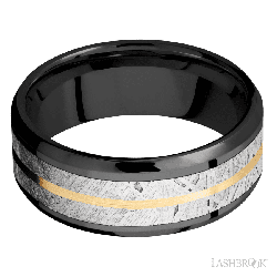 8 mm wide/Beveled/Zirconium band featuring inlays of Meteorite and 14K Yellow Gold.
