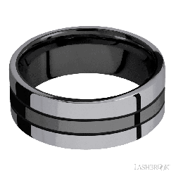 8 mm wide/Flat/Zirconium band with two 3 mm Double Off Center Edge inlays of Tantalum.