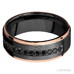 8 mm wide/Flat Grooved Edges/Zirconium band with a Half Eternity arrangement of .03 carat Round Black Diamond stones in a Bead setting and featuring two 1 mm Edge inlays of 14K Rose Gold