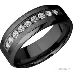 8 mm wide/High Bevel/Zirconium band with an  arrangement of 9, .05 carat Round Diamond stones in a Bead setting.