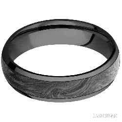 6 mm wide/Domed/Zirconium band with one 4 mm Centered inlay of Forged Carbon Fiber.