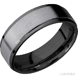 7 mm wide/Flat Grooved Edges/Zirconium band with one 5 mm Raised Centered inlay of Tantalum.