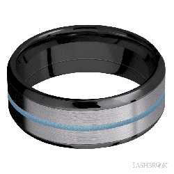 8 mm wide/Beveled/Zirconium band featuring inlays of Tantalum and Polar Blue.