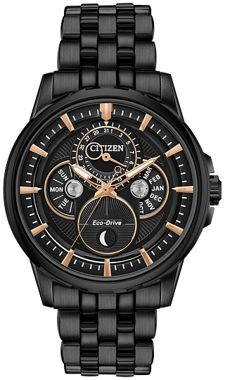 Citizen Eco-Drive Calendrier Moonphase Black Ion-Plated Stainless Steel Watch with Link Style Band