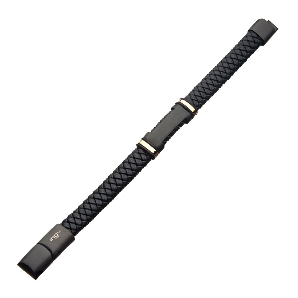 Black Leather with Rose Gold IP ID Bracelet