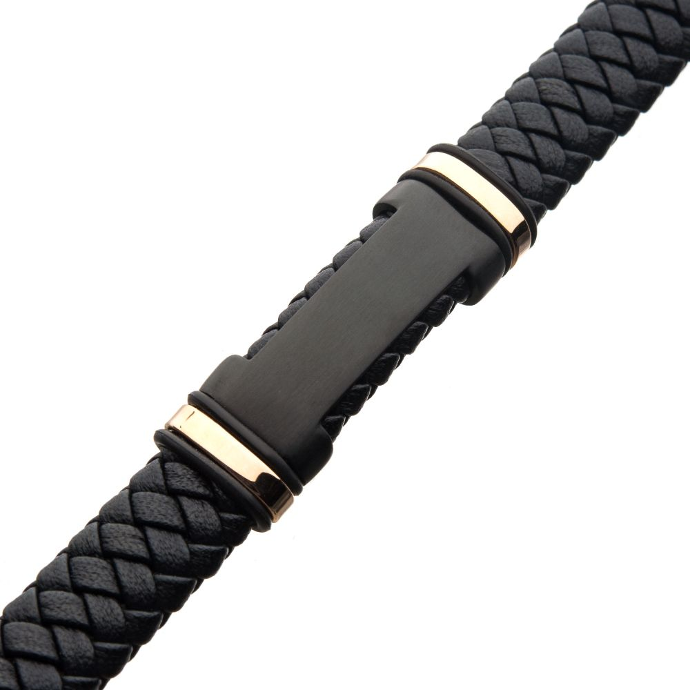 Black Leather with Rose Gold IP ID Bracelet