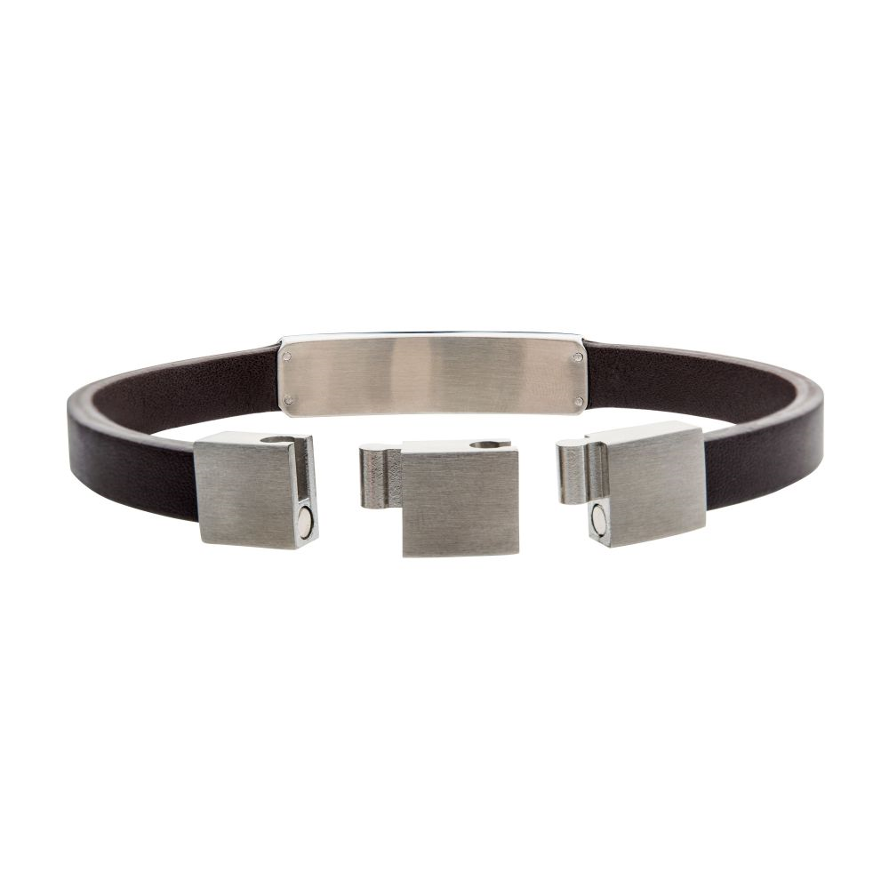 Brown Leather & Stainless Steel Streamline ID Bracelet