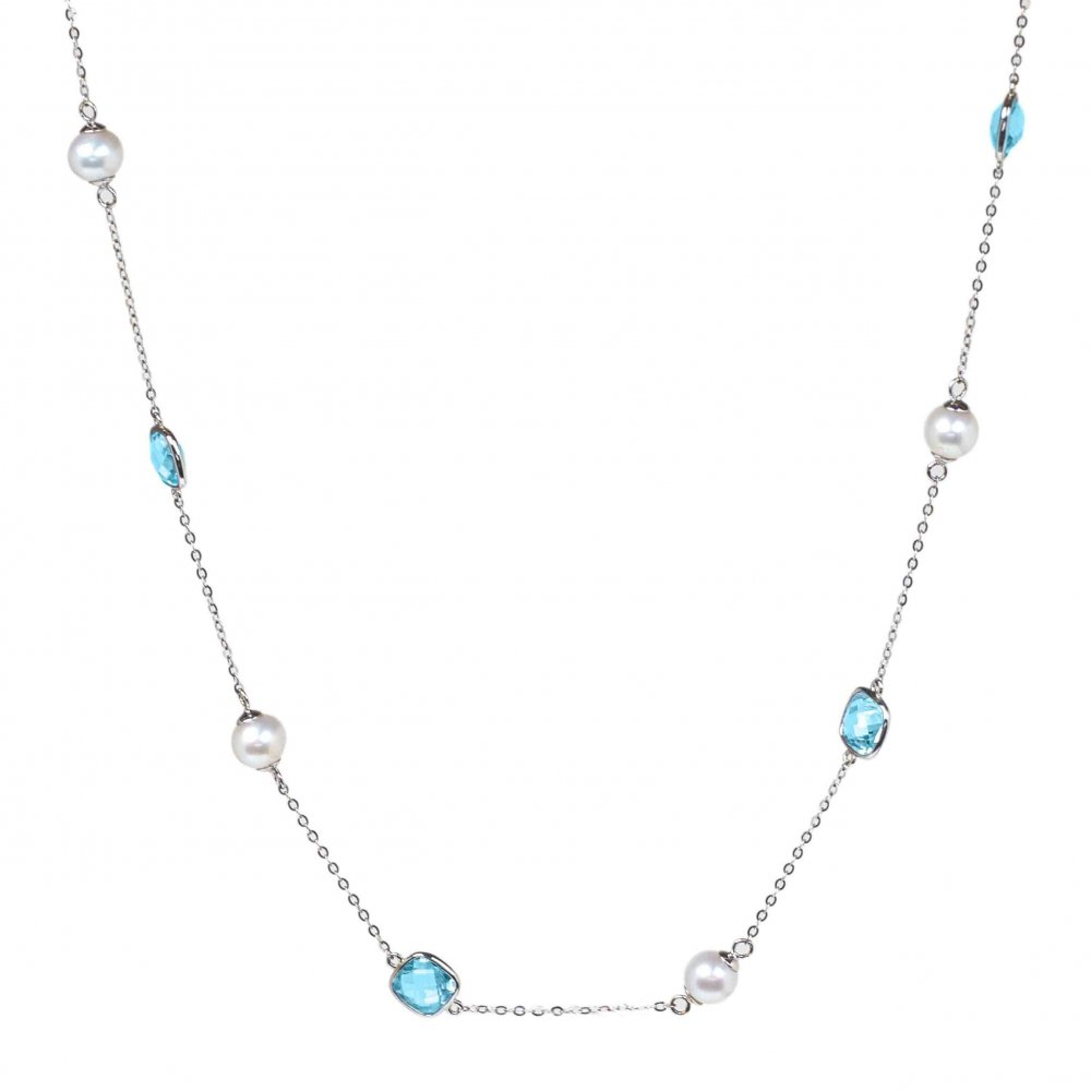 14K Swiss Blue Topaz & Pearl Alternating Station Necklace
