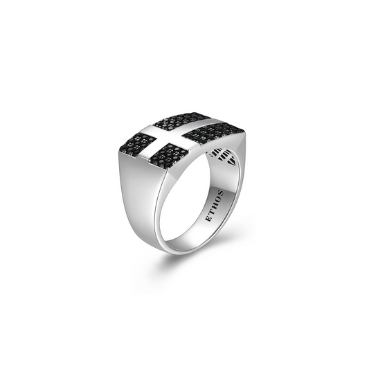 Gunmetal Rhodium Plated Black Sapphire Cross Ring