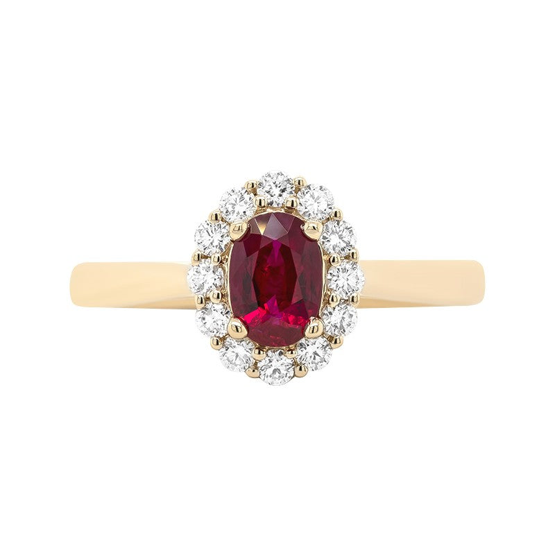 14 Karat Yellow Gold Ruby Oval Halo Fashion Ring