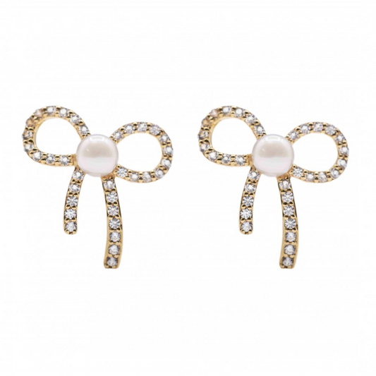 14K Freshwater Pearl & White Topaz Bow Stud Earrings