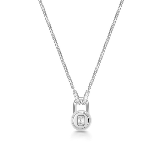 Sterling Silver Linked Locket Emerald-Cut CZ Necklace