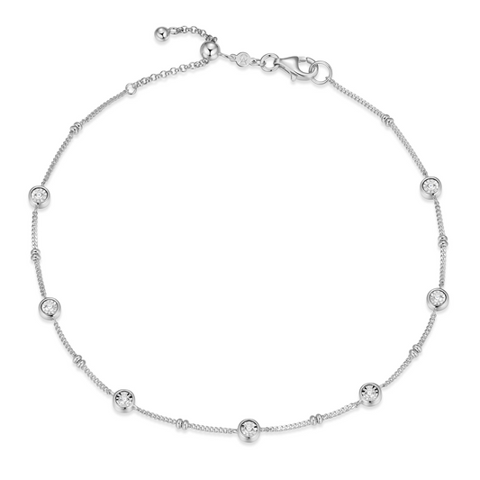 Sterling Silver Curb & Spacer Lab Grown Diamond Station Anklet