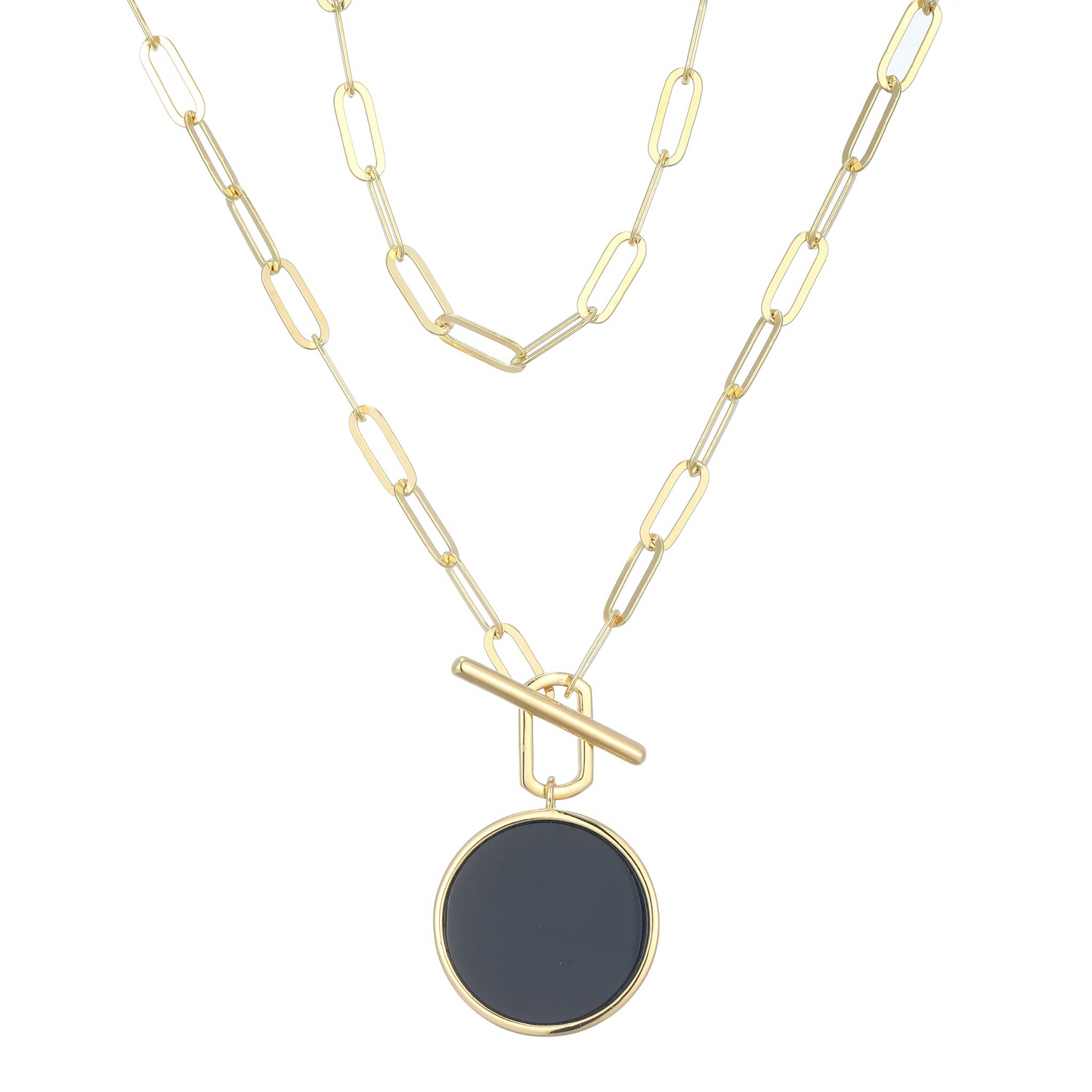 14K Gold Plated Black Agate Coin Paperclip Necklace
