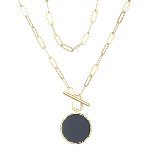 14K Gold Plated Black Agate Coin Paperclip Necklace