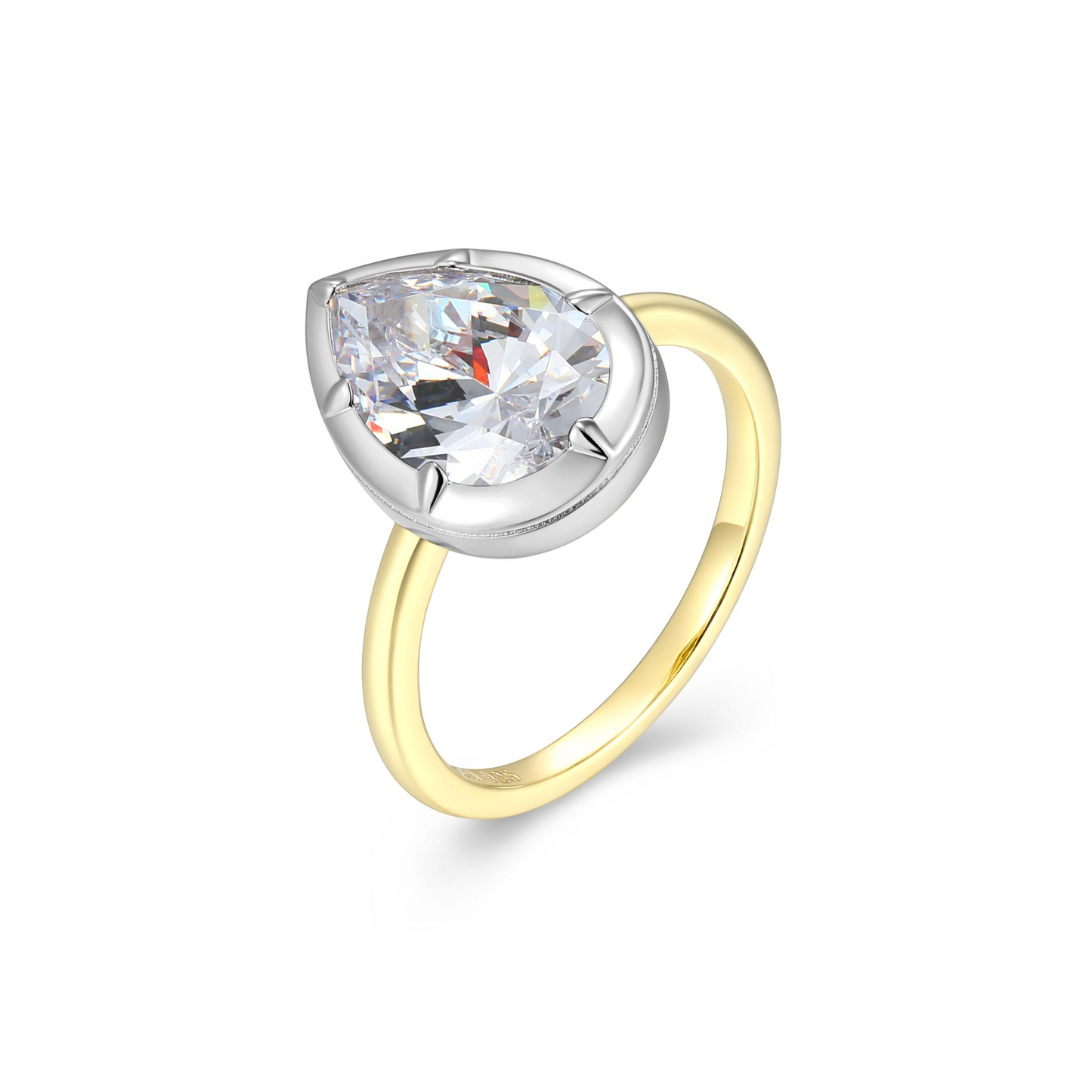 Two Tone Six-Prong Bezel Pear CZ Solitaire Ring