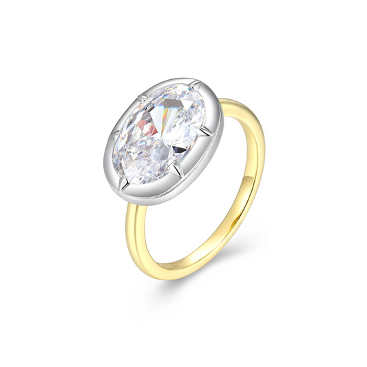 Two Tone Six-Prong Bezel Oval CZ Solitaire Ring