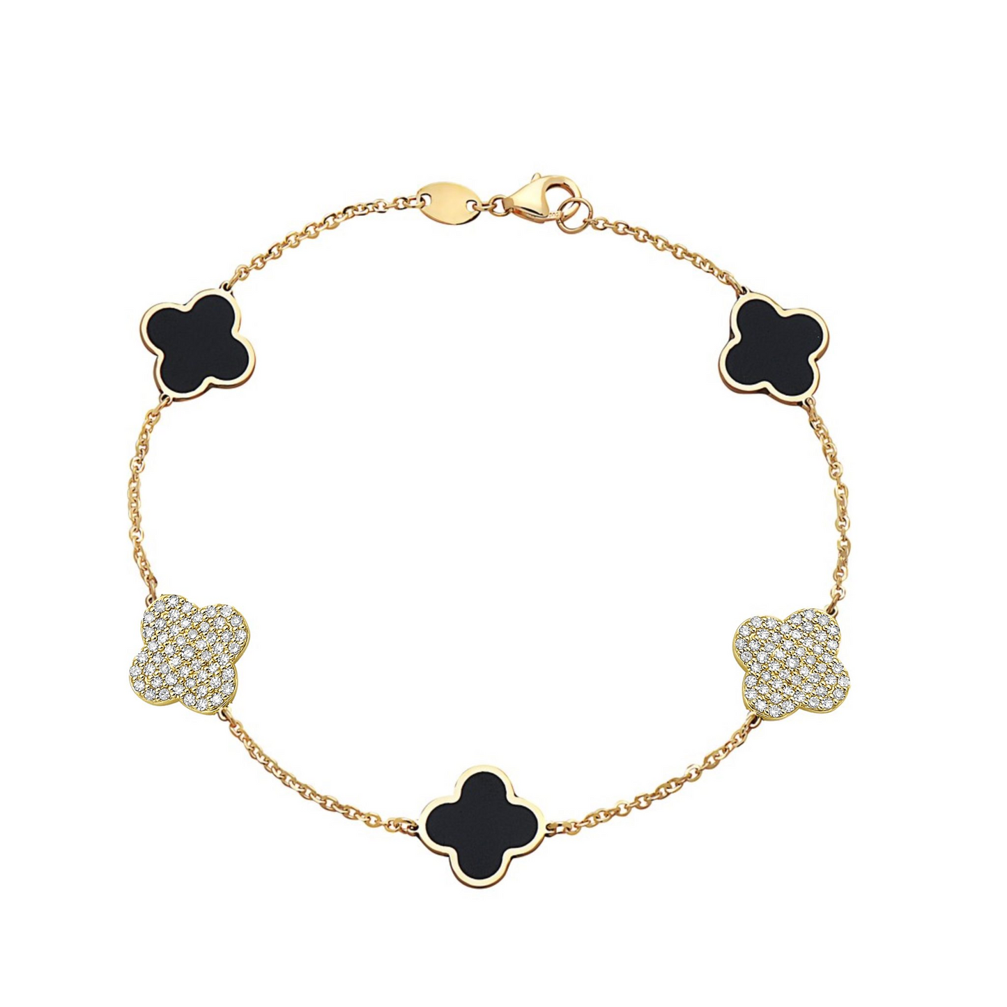 14K Black Onyx & Diamond Pave Clover Station Bracelet