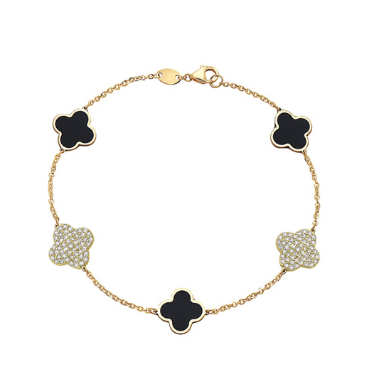 14K Black Onyx & Diamond Pave Clover Station Bracelet