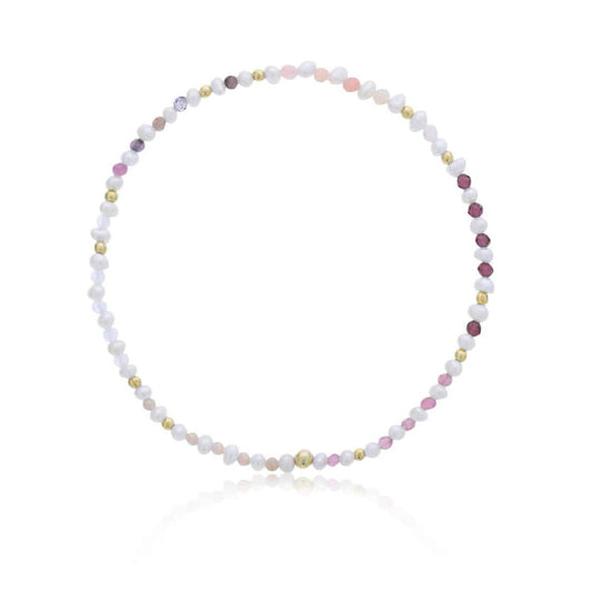 Alternating Pearl & Pink Gemstone Beaded Mini Stretch Bracelet
